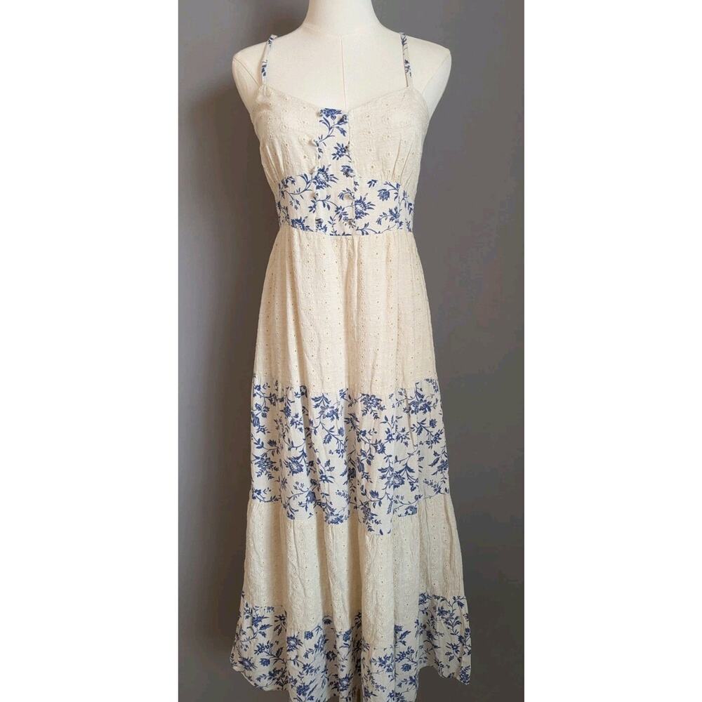SIM & SAM Blue Ivory Floral Tiered Midi Sundress Linen Blend Cottagecore Boho M